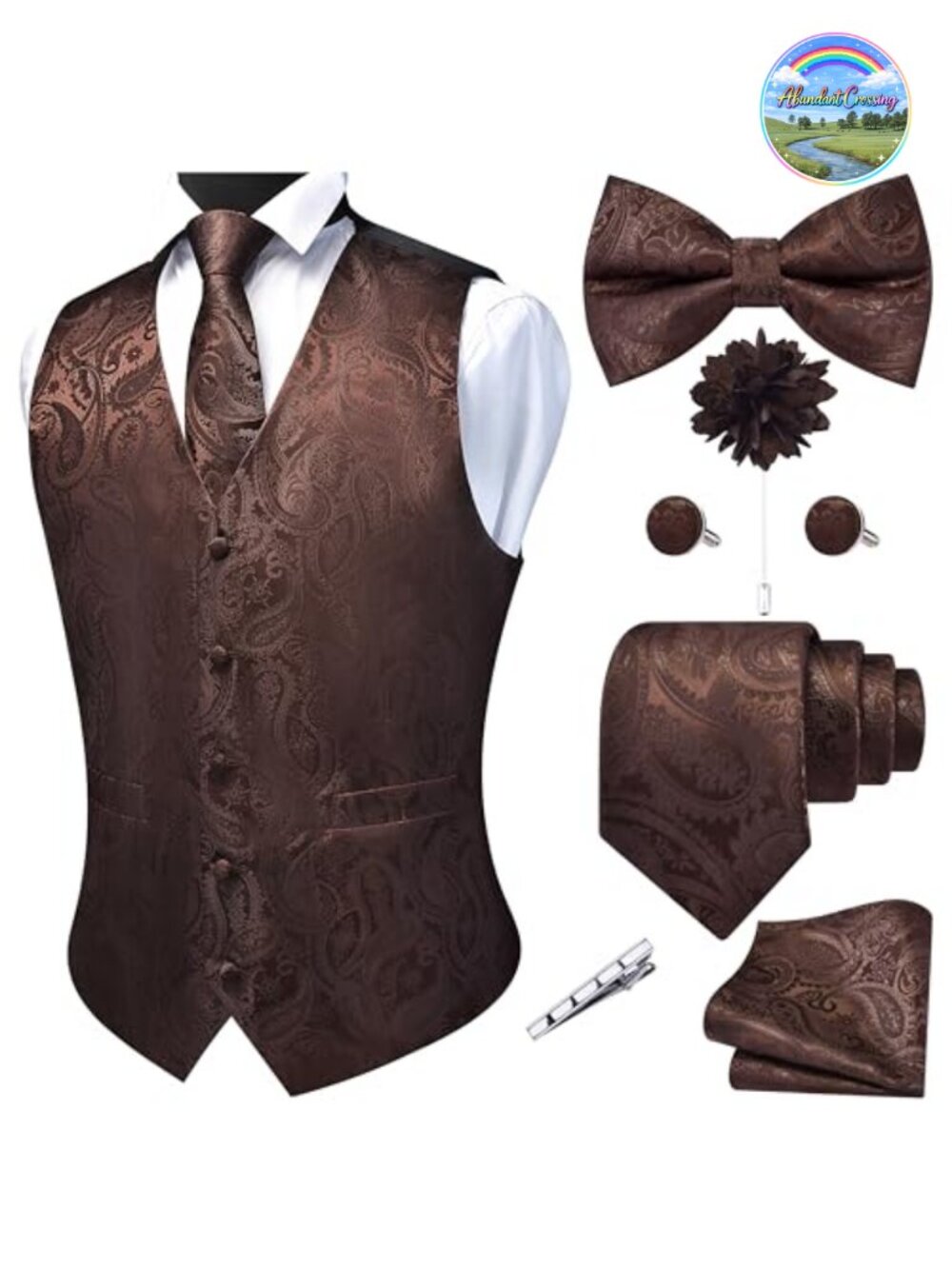 GUSLESON Men's Formal Suit Vest Paisley Jacquard Tie Waistcoat Bow Tie 7PC Set